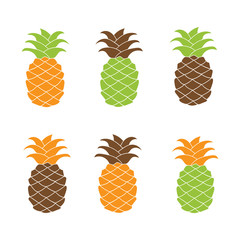 Pineapple icon set colorful flat design isolated on white background. Vector illustration. Green, brown and orange.