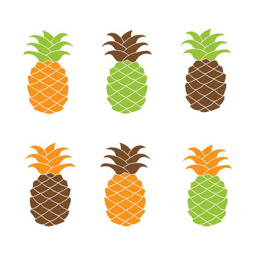 Pineapple icon set colorful flat design isolated on white background. Vector illustration. Green, brown and orange.