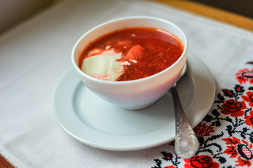 Top view of Borsch - traditional Ukrainian cuisine. 
