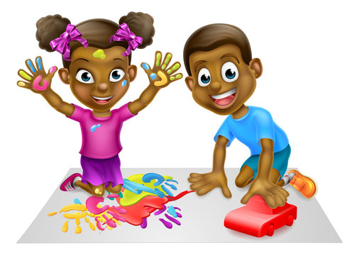 Cartoon Boy and Girl Playing with Toy Car and Paint