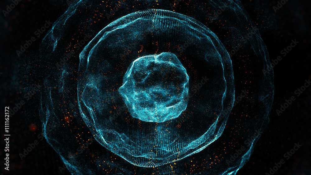 Poster abstract particles background with glow and orange bright elements, distorted spheres with different