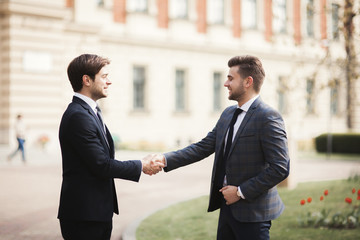 Two stylish businessmen shaking hands in suits