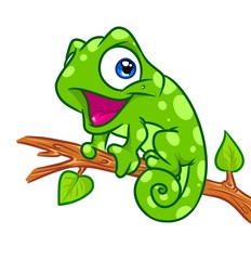 Cheerful chameleon tree branch cartoon illustration isolated image animal character