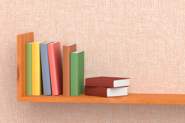 Colored books on wooden bookshelf on the wall