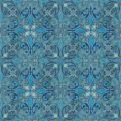 Seamless arabic grunge ornamental pattern on blue background