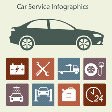Car service Infographics. Auto service and repair icons isolated on white background. Colorful vector illustration in flat design.