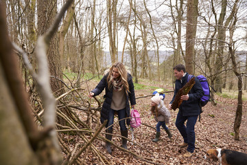 Naklejka na ściany i meble Family with pet dog collecting fallen wood in a wood