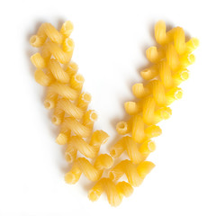 Letter V made of macaroni under a daylight isolated on white background