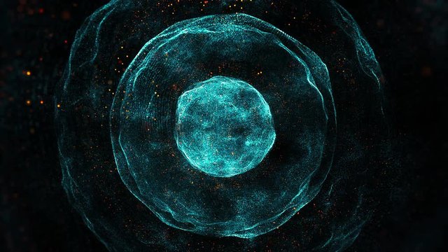 loopable abstract particles background with glow and orange bright elements, distorted spheres with different radius and opacity made of dots
