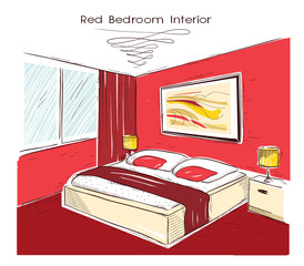 Red bedroom interior.Vector hand drawing illustration