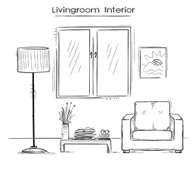 Sketchy color illustration of bedroom interior.Vector hand drawi