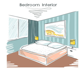 Sketchy color illustration of bedroom interior.Vector hand drawi