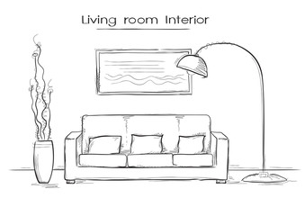 Sketchy illustration of living room interior.Vector hand drawing