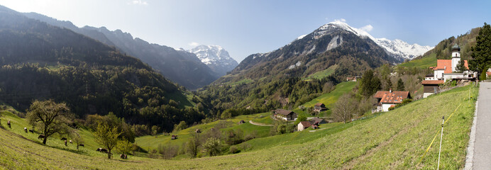 Fototapeta na wymiar swiss mountain panorama at valens high definition panorama