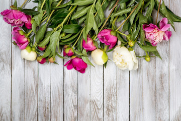 White and pink peonies flowers on white painted wooden planks. Place for text. Square image. Top view.
