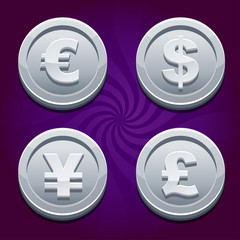 Dollar, Euro, Pound and Yen, silver coins