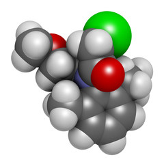 Metolachlor herbicide (weed killer) molecule. 3D rendering.  