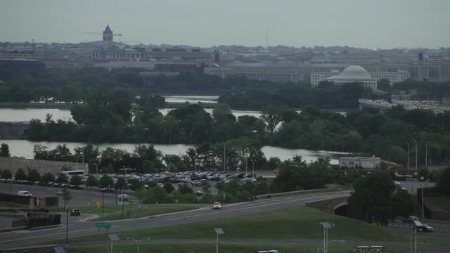 Washington DC cityscape and Potomac River during overcast day in USA.