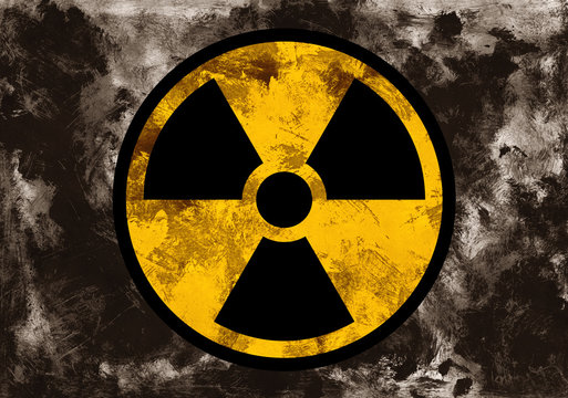 Symbol of radioactivit and radiation on dark grunge background. Dirty rough style and scratched material of post-apocalyptic time
