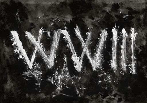 Text WW3 on dark grunge background. Metaphor of hypothetical worldwide military conflict and its negative consequences, total destruction 