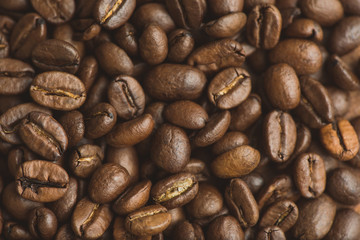 Brown coffee beans, closeup of macro coffee beans for background and texture