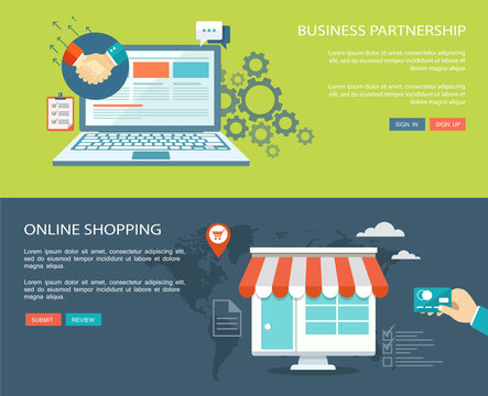 Business  partnership and online shopping flat banners set with