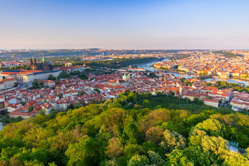 Panorama of Vltava and Charles Bridge from above on sunny day, Czech Republic