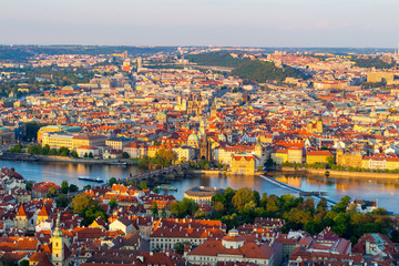 Obraz premium Panorama of Vltava and Charles Bridge from above on sunny day, Czech Republic