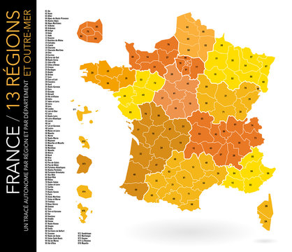 Carte de France / 13 régions / Départements avec numéros et liste
