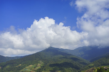 Amazing view of Mount Rinjani, Indonesia during dramatic blue sk