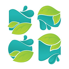vector collection of fresh green leaves and water drops signs an