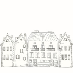 Hand-drawn set of houses. Monochrome range.