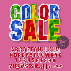 Vector colorful crumpled paper alphabet letters, numbers and punctuation symbols. Bright sign with text Color sale