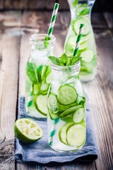 Detox water with cucumber, lime and mint