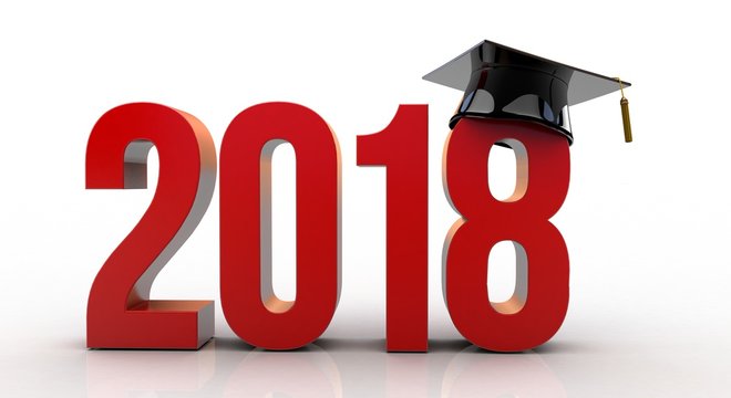 3D illustration of 2018 text with graduation hat
