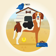 Beagle dog icon in flat style. Cartoon illustration, examples of using: card, cover, t-shirts and background. 