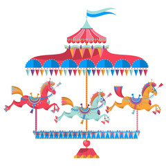Vintage carousel with colorful horses on a white background. © ngvozdeva