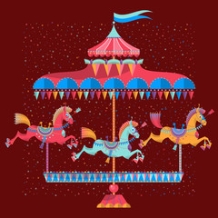 Vintage carousel with colorful horses.