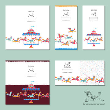 5 invitation cards with vintage carousel horse.  Birthday, anniversary, children&rsquo;s party. 