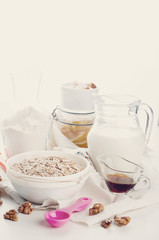 Fototapeta na wymiar Oatmeal porridge with glass of milk