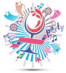 Celebrative leisure backdrop with musical notes, glass goblet