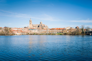 Fototapeta na wymiar Salamanca with Tormes River and Cathedral. Castile and Leon, Spa