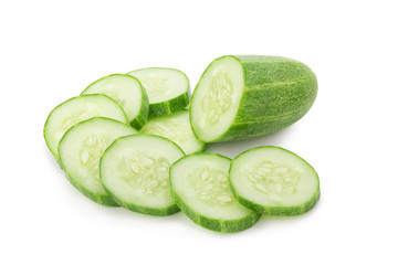 Cucumber and slices isolated on white background
