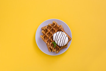 Waffles with chocolate sauce, ice cream and mint on yellow background
