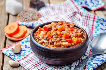 Vegan green lentil tomatoes stew