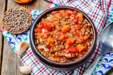 Vegan green lentil tomatoes stew