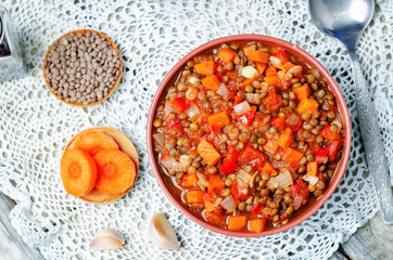 Vegan green lentil tomatoes stew