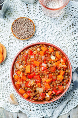 Vegan green lentil tomatoes stew