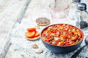 Vegan green lentil tomatoes stew