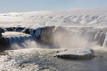 Big waterfalls in winter season, Iceland natural landscape